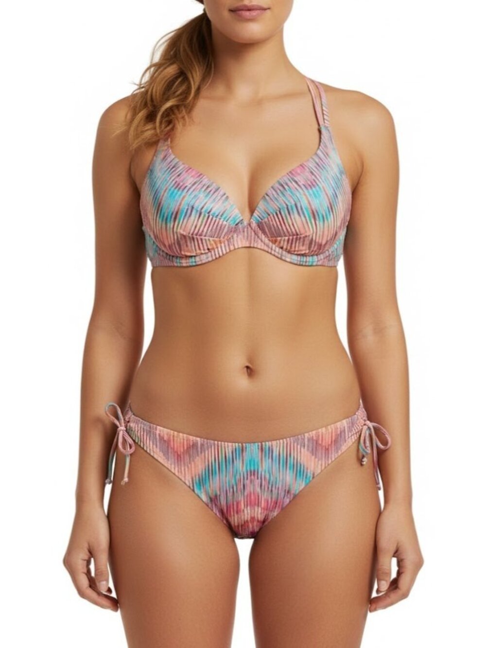 Raisins Bikini Swimsuit Set Womens Size L Multi-Color Striped Tie Side Beach NWT